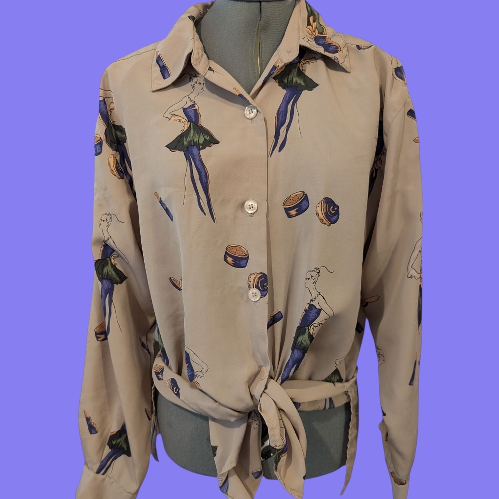 Vintage Women's Norton McNaughton Beige Artistic‎ Print Button Down Shirt